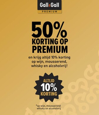 50% korting op premium en krijg altijd 10% korting op wijn, mousserend, whisky en alcoholvrij!